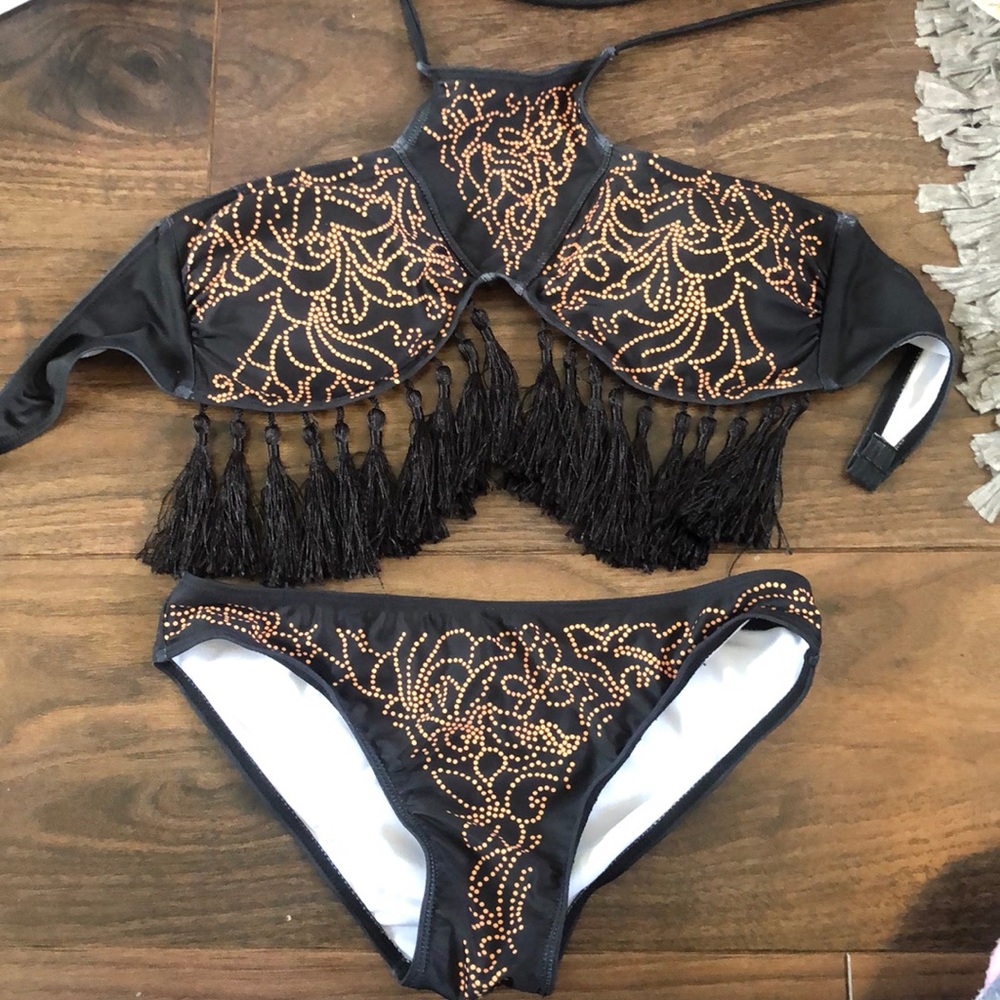 Black fringe bathing suit with design